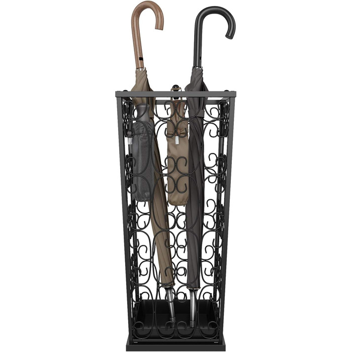 AcornFort Large Black Metal Umbrella Stand with 4 Hooks - Entryway, Office, Hallway Storage - Water Resistant Base (56x25x25cm)