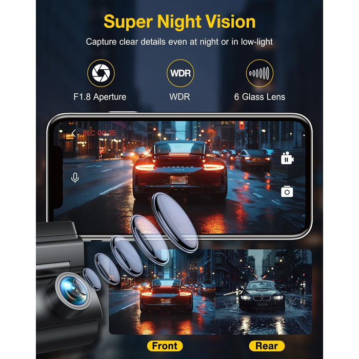 Відеореєстратор GKU 4K Dual з GPS, WiFi, ParkSurv, Нічне Бачення, WDR, 170° та G-Sensor. В комплекті SD-карта 64GB. Чорний
