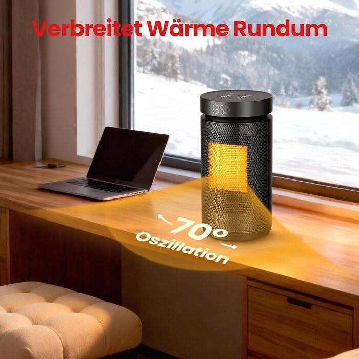 Електричний обігрівач 1500W з термостатом, PTC-кераміка, захист від перегріву та перекидання, 3 режими, таймер 12h, осциляція 70°, для дому, кемпінгу, офісу