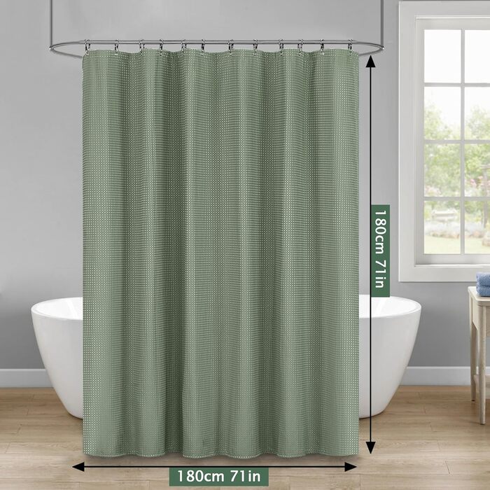 Штора для душу водонепроникна текстильна поліестер 180x200 см, зелена, з кільцями (12 шт.)