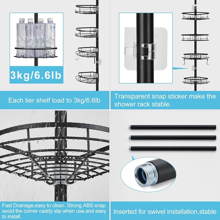DUFU Shower Shelf Telescopic, No Drilling Required, with 4 Shower Basket, Corner, Non-Slip, Stable Bathroom Shelf Made of Metal, Height Adjustable 85-325cm, Telescopic Shelf, Black