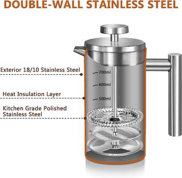 Френч-прес для кави, 600 мл, нержавіюча сталь, з 3-рівневою фільтрацією, подвійні стінки, з ложкою, сріблястий