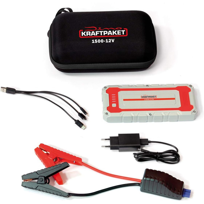 Портативний пусковий пристрій Dino KRAFTPAKET 12V-1500A: для авто, мото, човнів, кемперів та електромобілів. Підтримка GEL, EFB, AGM акумуляторів.