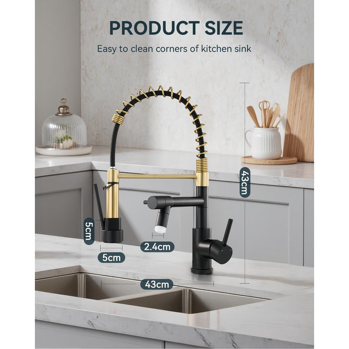 Кран кухонний LED Warmiehomy професійний, 360° поворотний, з двома виливами, високий вигин, спіральна пружина, для мийки, брашований нікель (чорний та золотий)