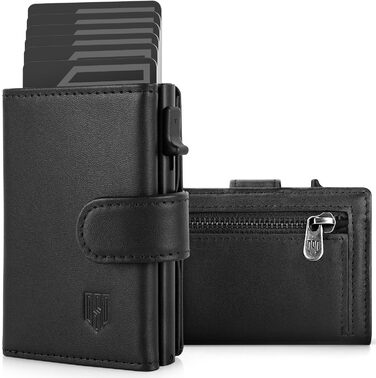DODENSHA Credit Card Wallet for Men | RFID Credit Card Holder with Coin Pocket | Automatic Pop-up Card Holder Made of Aluminum for 8-10 Cards | ID Window | Black