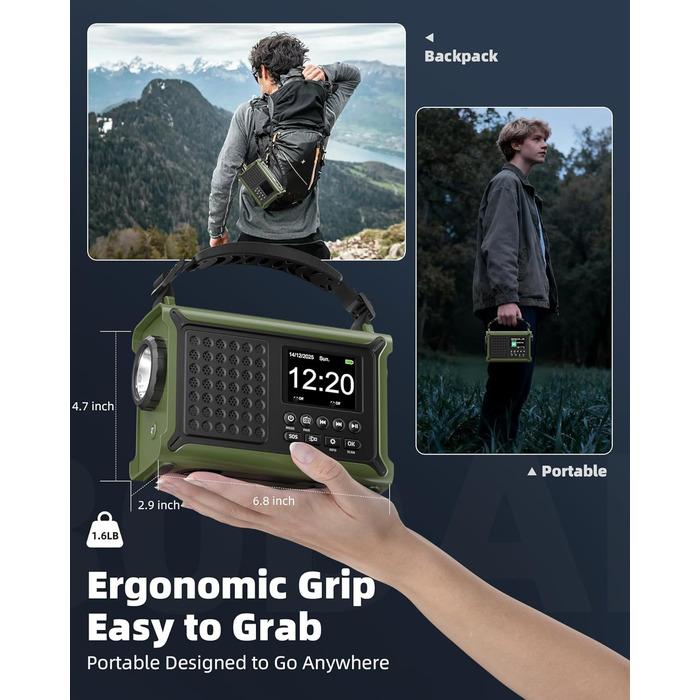 Радіоприймач Kurbelradio з DAB/DAB+/UKW, сонячною панеллю 8500 мм², акумулятором 12000 mAh та ручним генератором 650 mA. Радіо з Bluetooth 5.0, ліхтарик, зарядний пристрій USB, для кемпінгу та надзвичайних ситуацій (зелений)