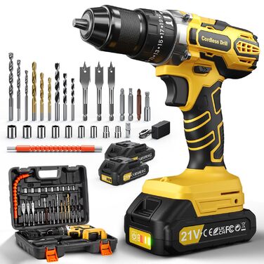Акумуляторний дриль-шуруповерт 21V з 2 акумуляторами 2000mAh, 45Nm, 25+3 ступені крутного моменту, 10мм патрон, 27 предметів + кейс для домашніх DIY проектів