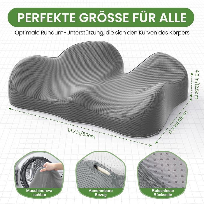 Подушка для сидіння з піни з пам'яті для куприкового болю, ергономічна подушка Coccyx для офісу, дому, авто та інвалідного візка, антиковзаюча основа (Сіра)