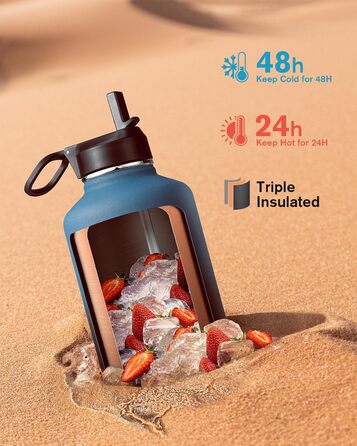 Термопляшка Coolflask 2л з соломинкою та 3 кришками, нержавіюча сталь, для спорту та офісу, Indigo Schwarz