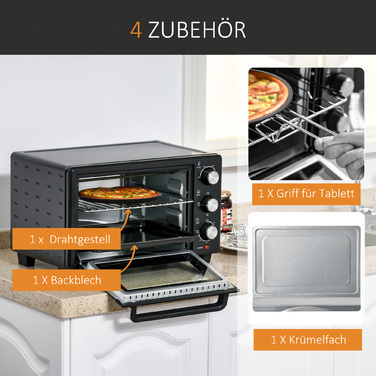 HOMCOM Mini Oven 21L, 3 Cooking Modes, 100°C-230°C, 1400W, Stainless Steel & Glass, Black+Silver, 46.4x38x28.5cm | Aosom
