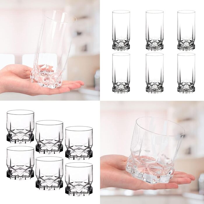 KADAX Drinking Glasses Set of 6, made of high-quality glass, water glasses, thick-walled juice glasses, fluted glasses for water, drinks, cocktail glasses, beverage glasses (12-piece SET 6x325ml tall + 6x325ml short)