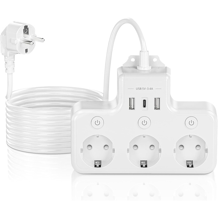 Багатофункціональна мережа роз'ємів 9 в 1 з вимикачем, USB 5-портова, 2м кабель, кутова розетка, чорний колір, індивідуальне вимкнення, для кухні та столу (3 розетки, настінний монтаж)