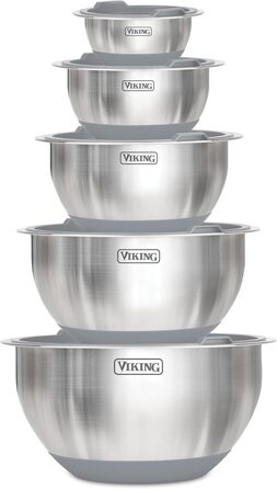 Набір місок для перемішування Viking Culinary з нержавіючої сталі, 10 шт. | Силіконова неслизька основа | З герметичними кришками | Можна мити в посудомийній машині | Сірий колір