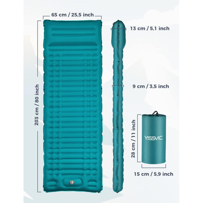Надувна туристична матрац Yissvic Isomatte для кемпінгу з самонадуваністю та помпою, водонепроникна, блакитна