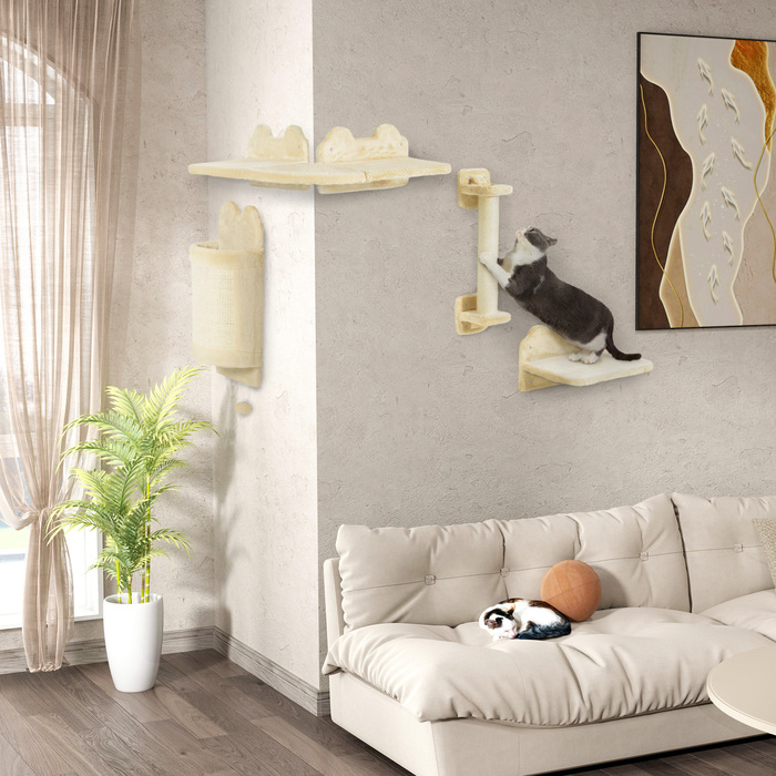 PawHut Cat Climbing Wall Set, 4-Piece Cat Furniture with Sitting Platform, Corner Platform, Play Ball, and Arch Scratching Board, for Cats up to 5 kg, Plush, Beige | Aosom