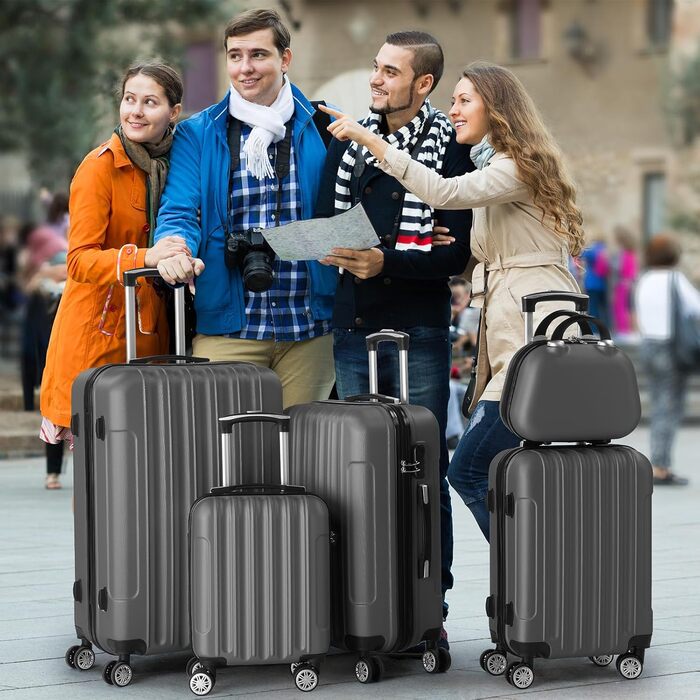 Набір валіз LEADZM 5 шт. з косметичною сумкою, жорсткий набір валіз з ABS, телескопічна ручка, ручна поклажа (Турквіс, Темно-сірий)