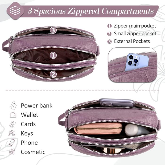 Сумка жіноча через плече кросбоді з натуральної шкіри лілового кольору, стильна, з широким ременем та відділенням для карт