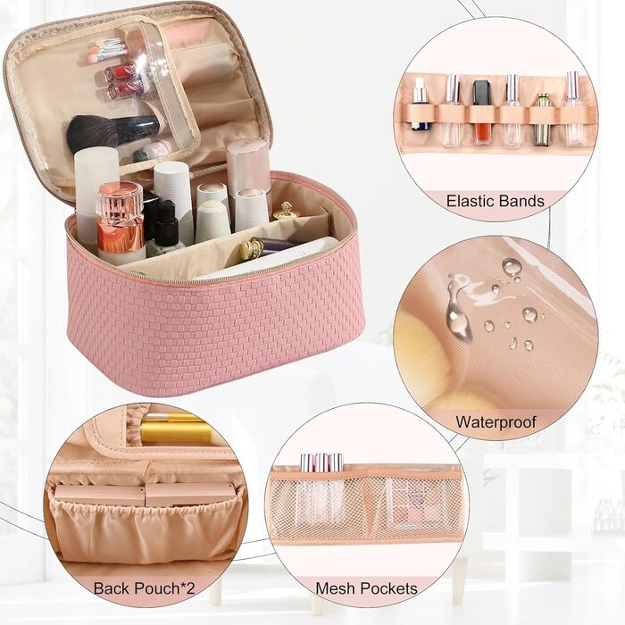 Жіноча косметичка для подорожей, водонепроникна, з відділенням для пензлів, з PU шкіри, велика, органайзер, сумка для макіяжу (Хвилястий зелений) (Світло-рожевий)