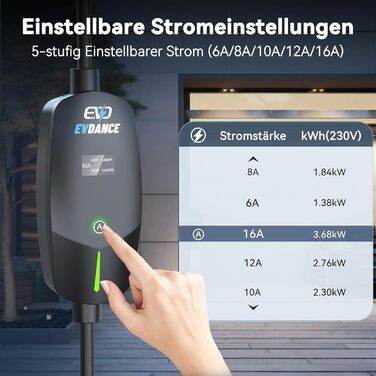 Кабель для зарядки електромобіля EVDANCE Type 2 Schuko 6.1м 3.68kW з OLED дисплеєм 6-16A для PHEV/EV - Чорний