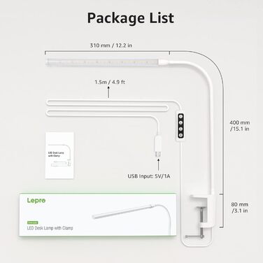 LED лампа для столу Lepro з кріпленням, архітектурна лампа з регульованим підсвічуванням, захист очей, USB, 3 кольори та 10 рівнів яскравості, для офісу