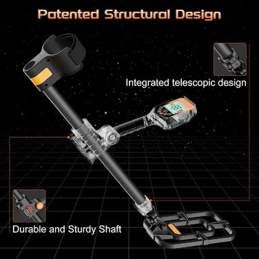 Металошукач для дорослих - акумуляторний, складаний, водонепроникний, з лопатою, рюкзаком, навушниками, професійний дизайн з LCD-дисплеєм (блакитне підсвічування), помаранчевий
