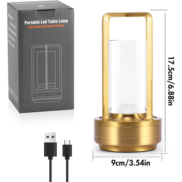 Торшер з торканням, бездротова LED лампа в стилі вінтаж, USB-зарядка, 3 кольори, регулювання яскравості, для спальні, офісу, вітальні, декор, подарунок (золотий)