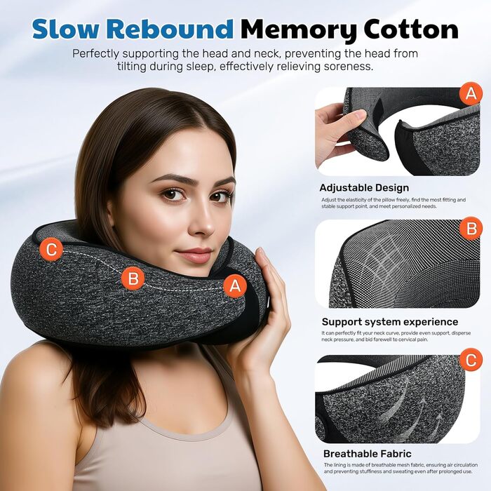 Подушка для шиї у літак, подушка для подорожей, з навушниками та маскою для очей, сіра