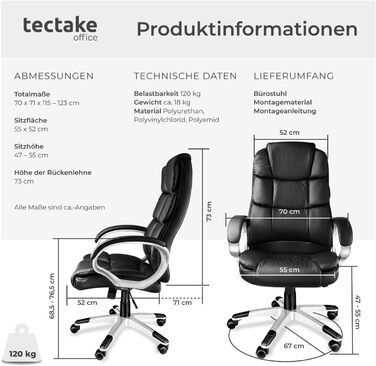 Офісне крісло tectake® з підлокітниками, регулюванням висоти та функцією гойдання, чорне, з підкладкою 12 см, оббивка під шкіру