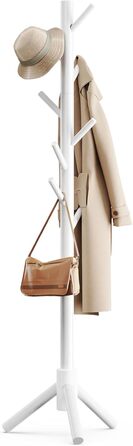 Freestanding Coat Rack with 3 Adjustable Heights & 8 Hooks, Sturdy Wooden Clothes Rack for Clothing, Hat, Used in Bedroom/Office/Entryway, White