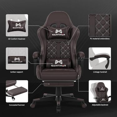 Ігрове крісло Gamtimer з підставкою для ніг, ергономічна спинка та поперекова підтримка, дихаюча екошкіра, великий комп'ютерний стілець, регульована висота, обертання на 360°, колір коричневий