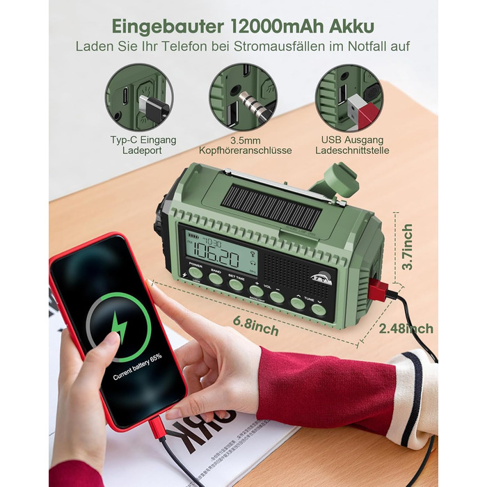 Радіоприймач Kurbelradio на 12000 mAh з ручним заводом, сонячною панеллю та SOS-сигналом. AM/FM/SW радіоприймач з USB-зарядкою, ліхтарик та світло для читання. Ідеально для кемпінгу, надзвичайних ситуацій та відключень електроенергії. Зелений колір.