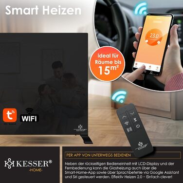 Інфрачервовий обігрівач KESSER 600W з функцією 2в1: підлоговий та настінний. Енергозберігаючий склокерамічний обігрівач з термостатом, пультом дистанційного керування та керуванням через додаток. Чорний колір.