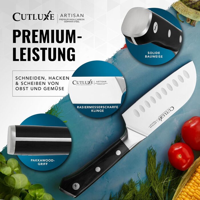 Ніж Cutluxe Santoku 13 см – універсальний ніж для риби, м'яса, суші. Виготовлений з німецької сталі, надзвичайно гострий, ергономічний дизайн