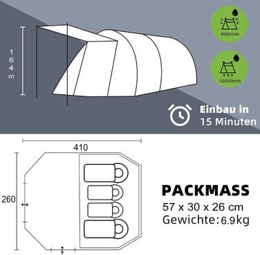 Намет Tunnelzelt для 4 осіб, сімейний кемпінговий намет Tipi 3000 мм водонепроникний з 3 входами та знімною підлогою