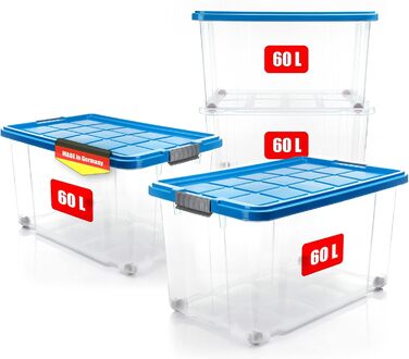 BigDean 4-Piece 60L Storage Boxes with Lid Large Steel - Stackable, Robust Box BPA-Free - Rollable Storage Box with Secure Click Closures - Made in Germany (Blue)