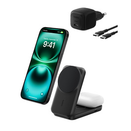 Belkin UltraCharge Qi 2.2 Зарядна станція 2-в-1 25W MagSafe сумісна, бездротова зарядка для iPhone 17, iPhone Air, AirPods, Pixel – Чорний