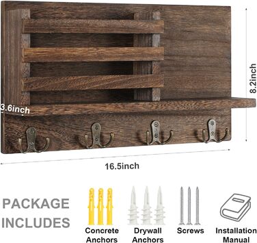 Keys and Mail Holder for Wall Rustic Natural Paulownia Wood 4 Double Hook Hanger Wall Organizer for Decoration, Bags, Accessories, Hardware and Manual Included (brown)