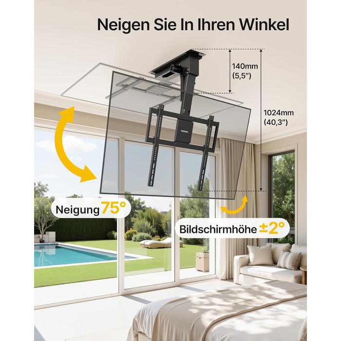 Електричний кронштейн для телевізора monTEK на стелю (32-75 дюймів, до 55 кг), VESA 600x400, з дистанційним керуванням, додатком та голосовим управлінням, складаний