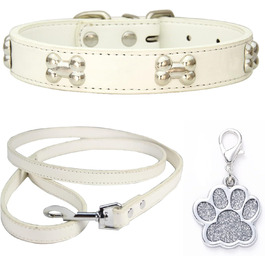 Нашийник для собак з натуральної шкіри та поводок-комбінований набір. Регульований нашийник для цуценят та собак маленьких та середніх порід. Білий, XS, S, M