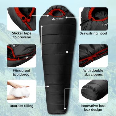 Спальний мішок Forceatt -10°C~15°C, 4 сезони, зимовий для дорослих, водонепроникний, ультралегкий, для кемпінгу, подорожей, туризму та відпочинку. Кольори: синій, чорний.