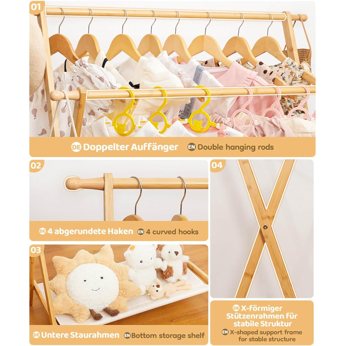 Дитяча вішалка для одягу Yorbay з бамбука, регульована подвійна штанга, з полицями для зберігання, економія місця, натуральний колір