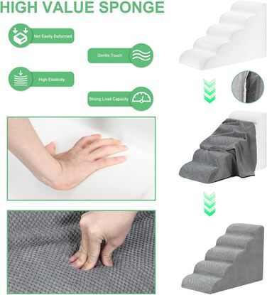 LIANTRAL Dog Stairs, 3 Steps Dog Staircase for Bed and Sofa, Made of High-Density Sponge, Cat Stairs Dog Ramp with Removable, Washable Cover and Pet Hair Remover Roller, 40 cm High (5 Steps Grey)