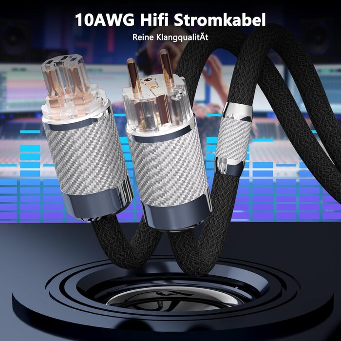HiFi мережевий кабель Audiophile 10AWG з родієвим роз'ємом IEC320-C15, для підсилювача, сабвуфера та програвача вінілу, вуглецеве волокно, 2м