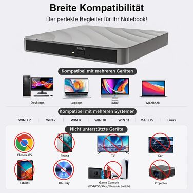 Зовнішній USB DVD/CD привід-записувач для ноутбука та ПК, оптичний накопичувач +/-RW ROM для Windows, MacOS, Linux (сірий/сріблястий)