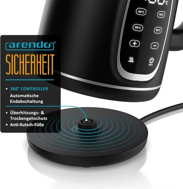 Електричний чайник Arendo зі скляною колбою, регулюванням температури, нержавіючою сталлю, подвійними стінками (Cool Touch), дисплеєм, бездротовим підключенням, 2200 Вт, 1,7 л, захистом від перегріву, функцією підтримання тепла, чорний