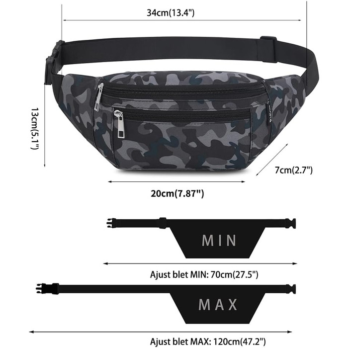 Чоловіча та жіноча поясна сумка-бананка, водонепроникна, для спорту, подорожей та активного відпочинку (камуфляж чорний)