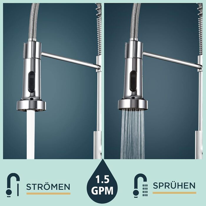 Кран кухонний FORIOUS з високим вигином, висувною лійкою, 360° поворот, 2 режими, нержавіюча сталь (шліфована/полірована)