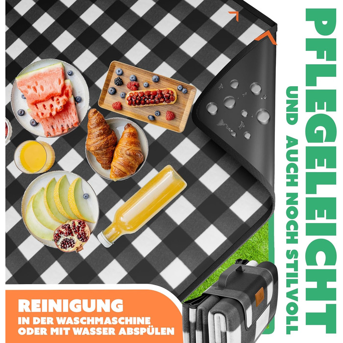 KESSER® Picnic Blanket Camping Blanket XXL 200 x 200 cm - Warm Insulated with Waterproof Bottom, Carrying Handle, Foldable Beach Blanket, Picnic Blankets for 4-6 People, Washable Picnic Blanket (Black / White)