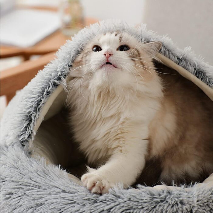 YUDANSI Cat Bed, 40cm Covered Dog Bed Cat Cave Bed Donut for Kittens Puppies, Plush Faux Fur Nest Fluffy Dog Bed Round Dog Cushion Dog Sofa Cat Bed for Cats and Small Dogs (Gray-50cm)