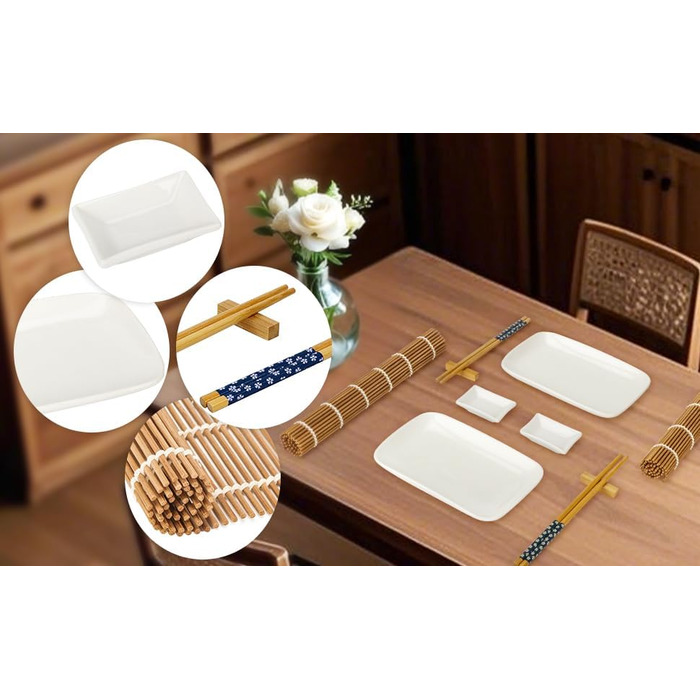 Набір для суші Exzact (10 шт.) – 2 тарілки, 2 миски для соусу, 2 підставки під столові прилади, 2 пари паличок для їжі – преміум-порицелан, подарункова коробка
